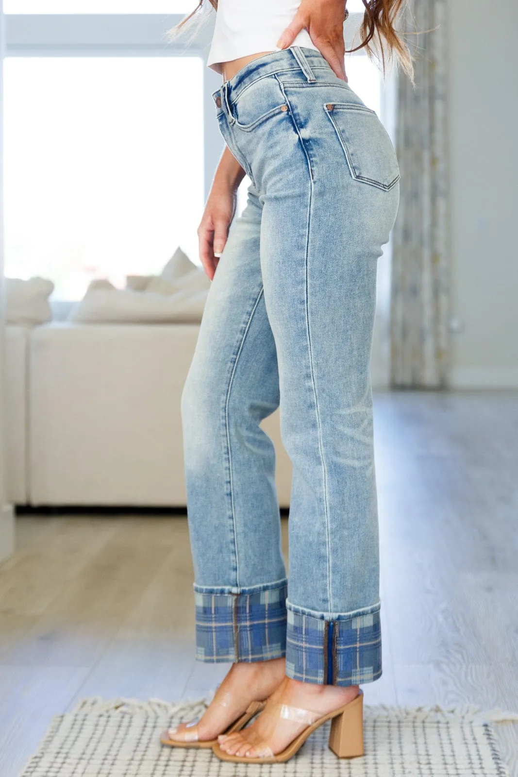 Plaid Cuff Vintage Straight Jeans