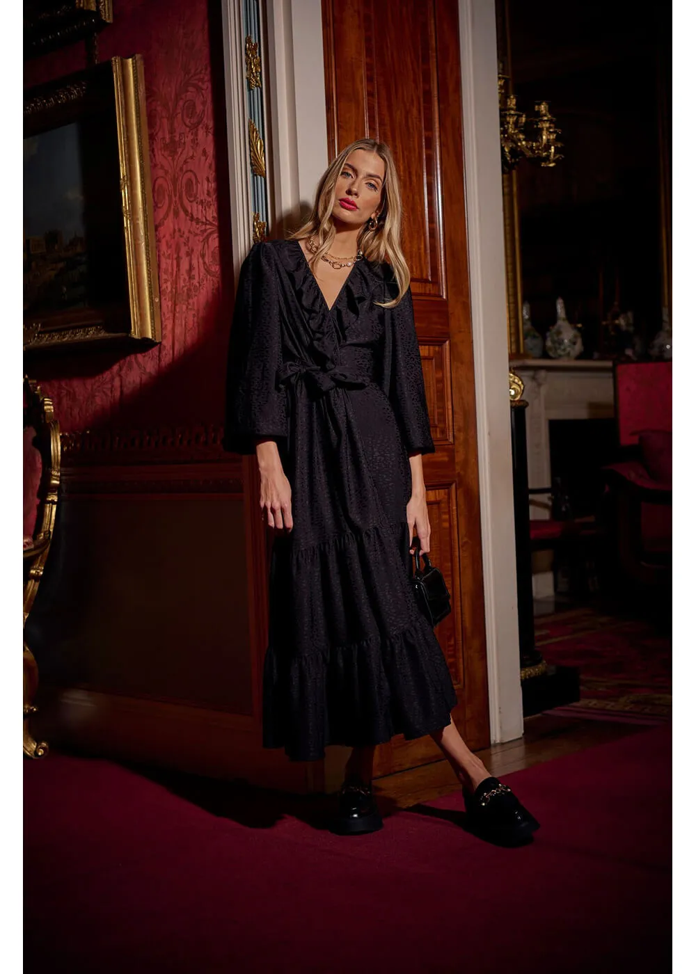 Black 70's Wrap Midi Dress with Dahlia Jaquard