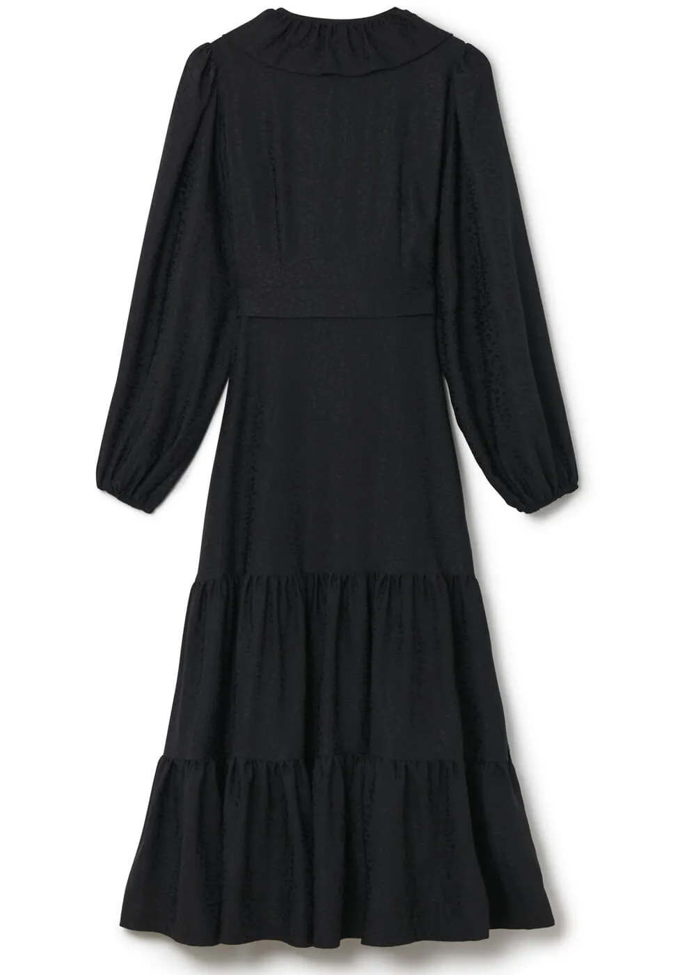 Black 70's Wrap Midi Dress with Dahlia Jaquard