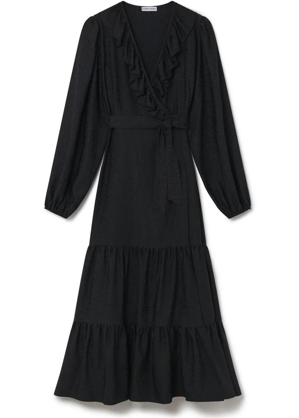 Black 70's Wrap Midi Dress with Dahlia Jaquard