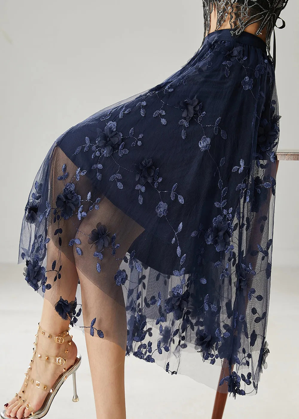 Plus Size Navy Floral Skirts Embroidered Tulle Summer