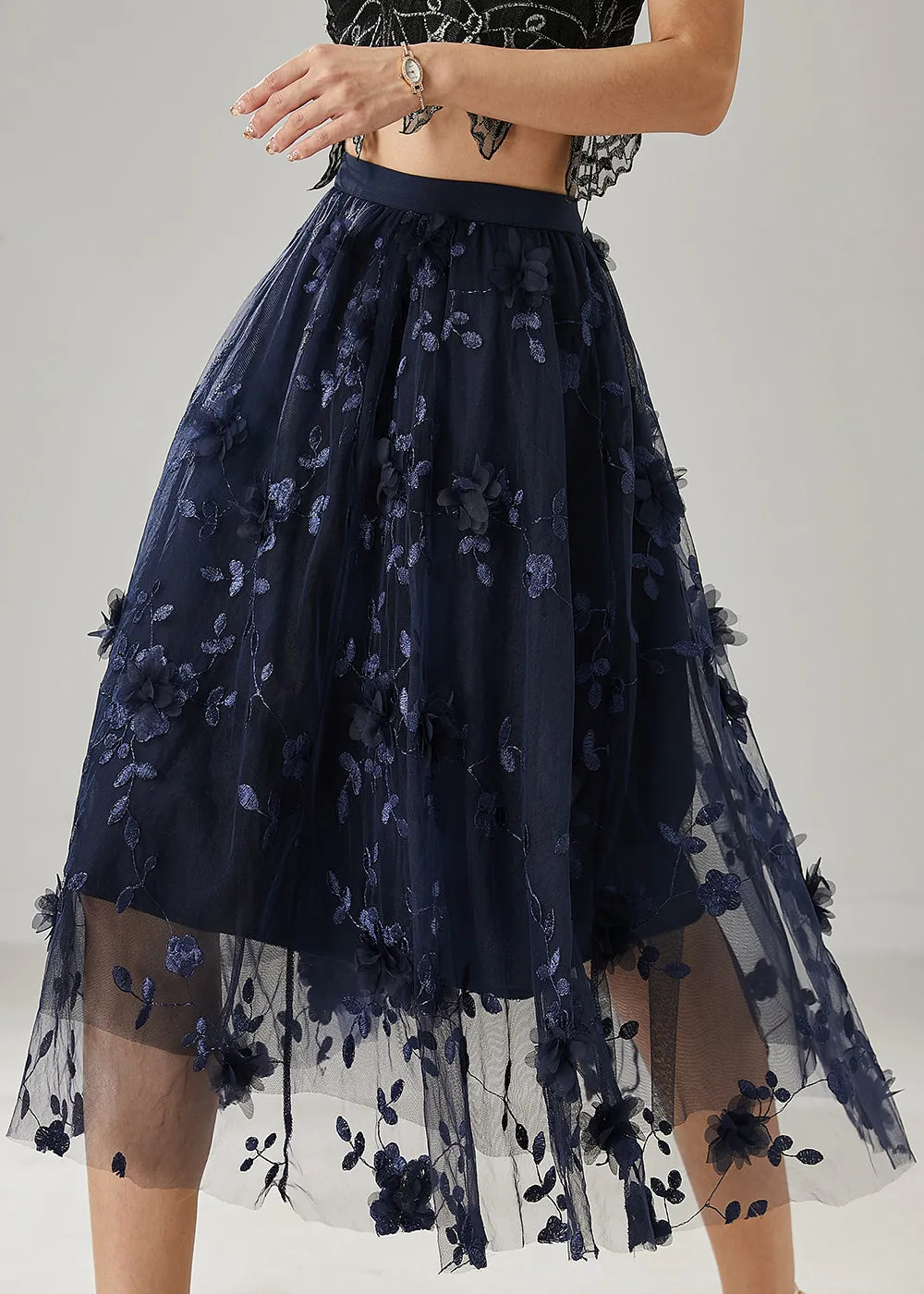 Plus Size Navy Floral Skirts Embroidered Tulle Summer