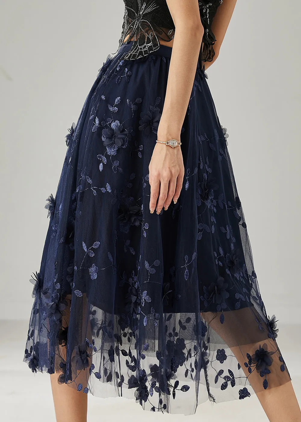 Plus Size Navy Floral Skirts Embroidered Tulle Summer