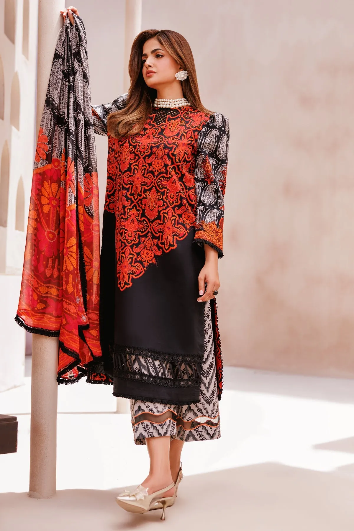 3-Piece Unstitched Lawn Shirt with Printed Chiffon Dupatta and Trouser CP4-60