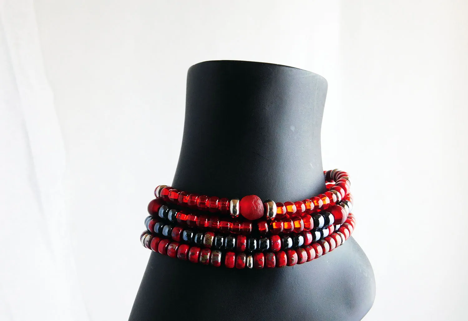 Red Beaded Leather Multi-Strand Bracelet