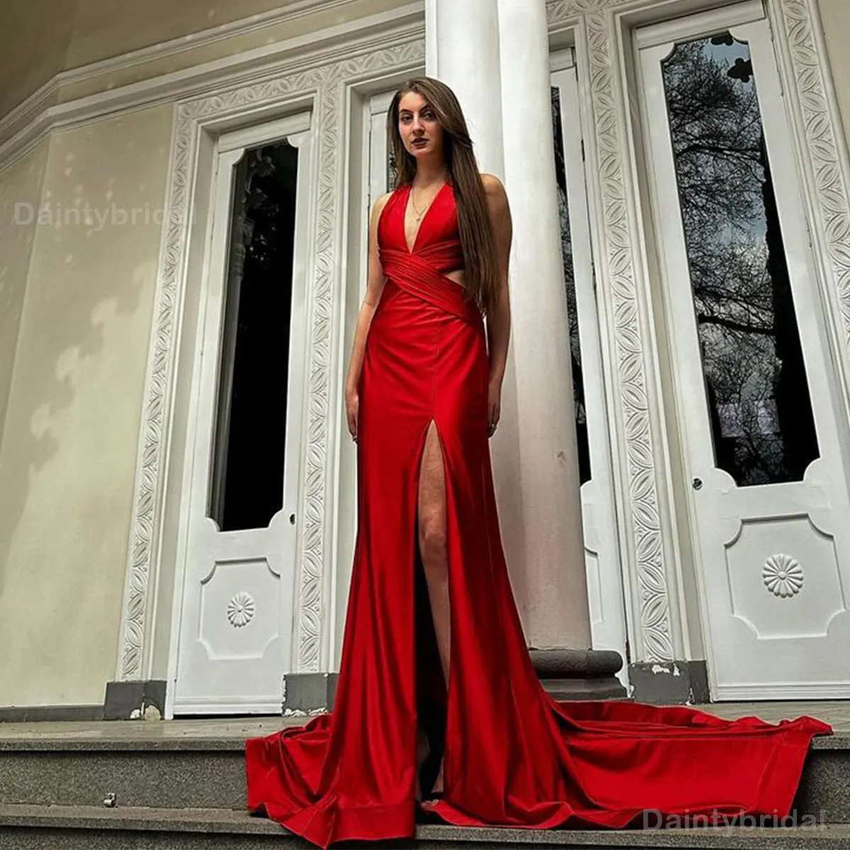 Elegant Red V-neck Satin Mermaid Bridesmaid Dress with Side Slit - BG773