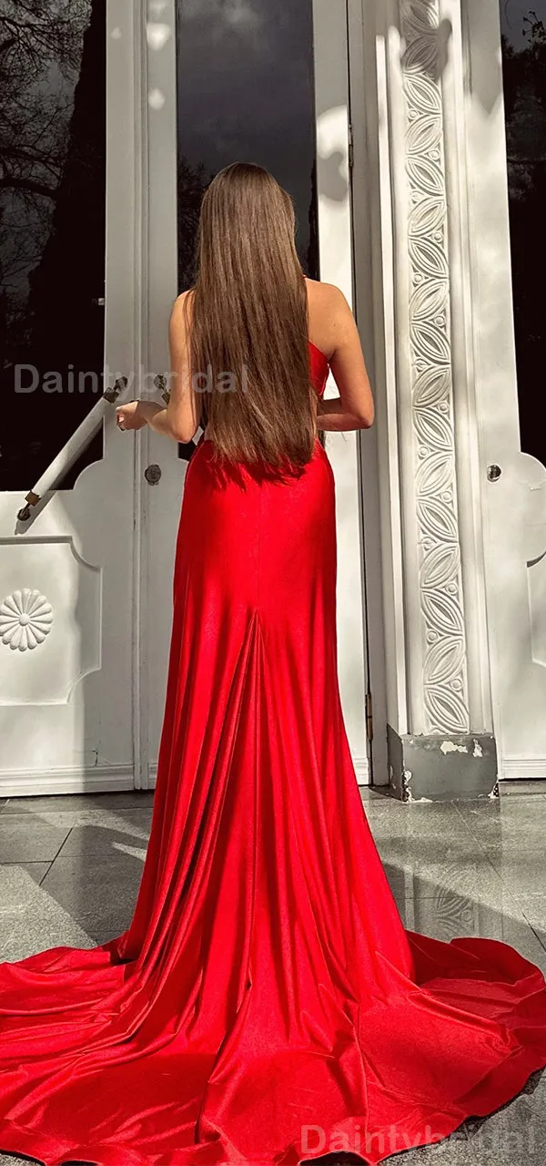 Elegant Red V-neck Satin Mermaid Bridesmaid Dress with Side Slit - BG773