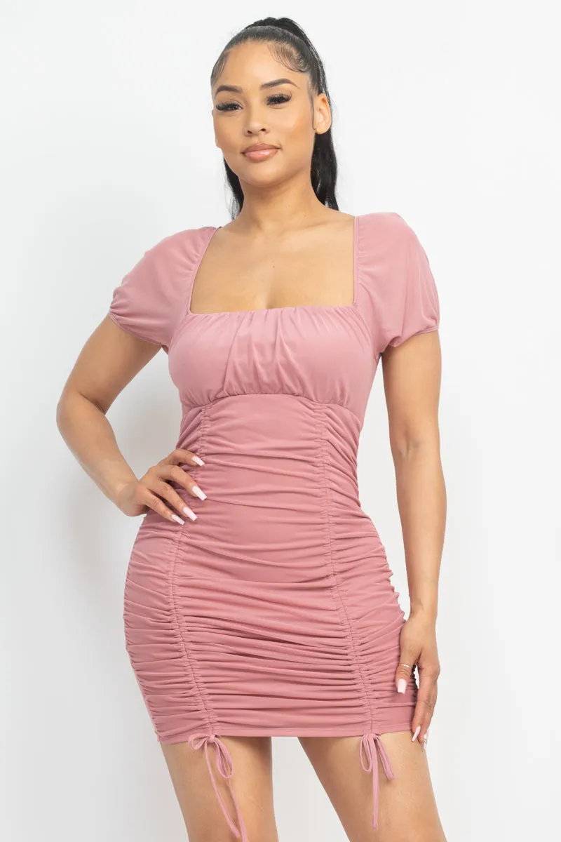 Square Neck Mesh Sleeve Dress with Ruched Detail