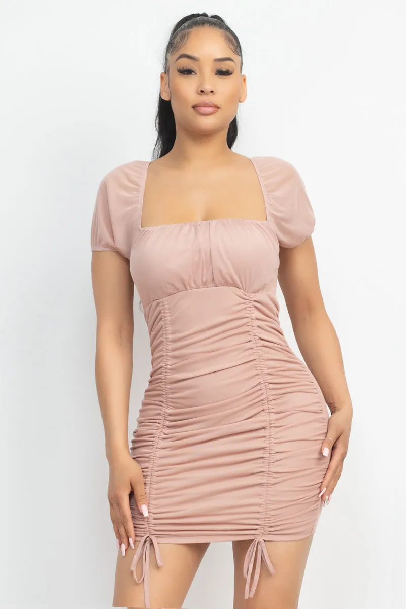 Square Neck Mesh Sleeve Dress with Ruched Detail