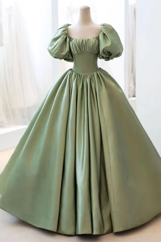 Satin Ball Gown Long Prom Dress Short Sleeves Evening Dress Y4313
