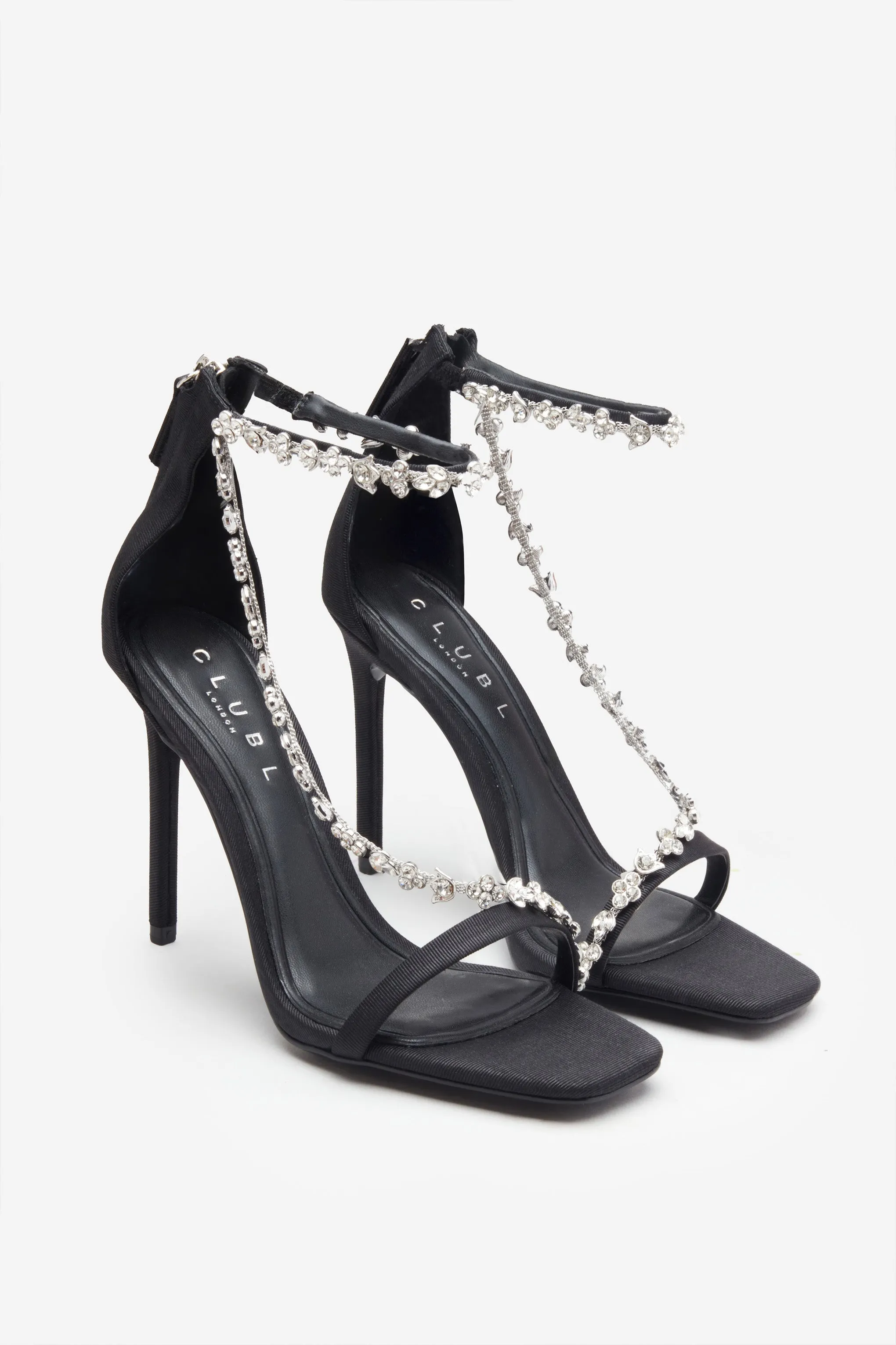 Black Strappy Heeled Sandals adorned with Diamante Chains