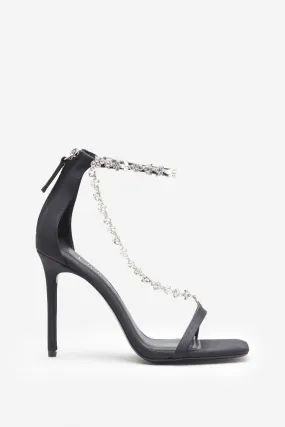 Black Strappy Heeled Sandals adorned with Diamante Chains