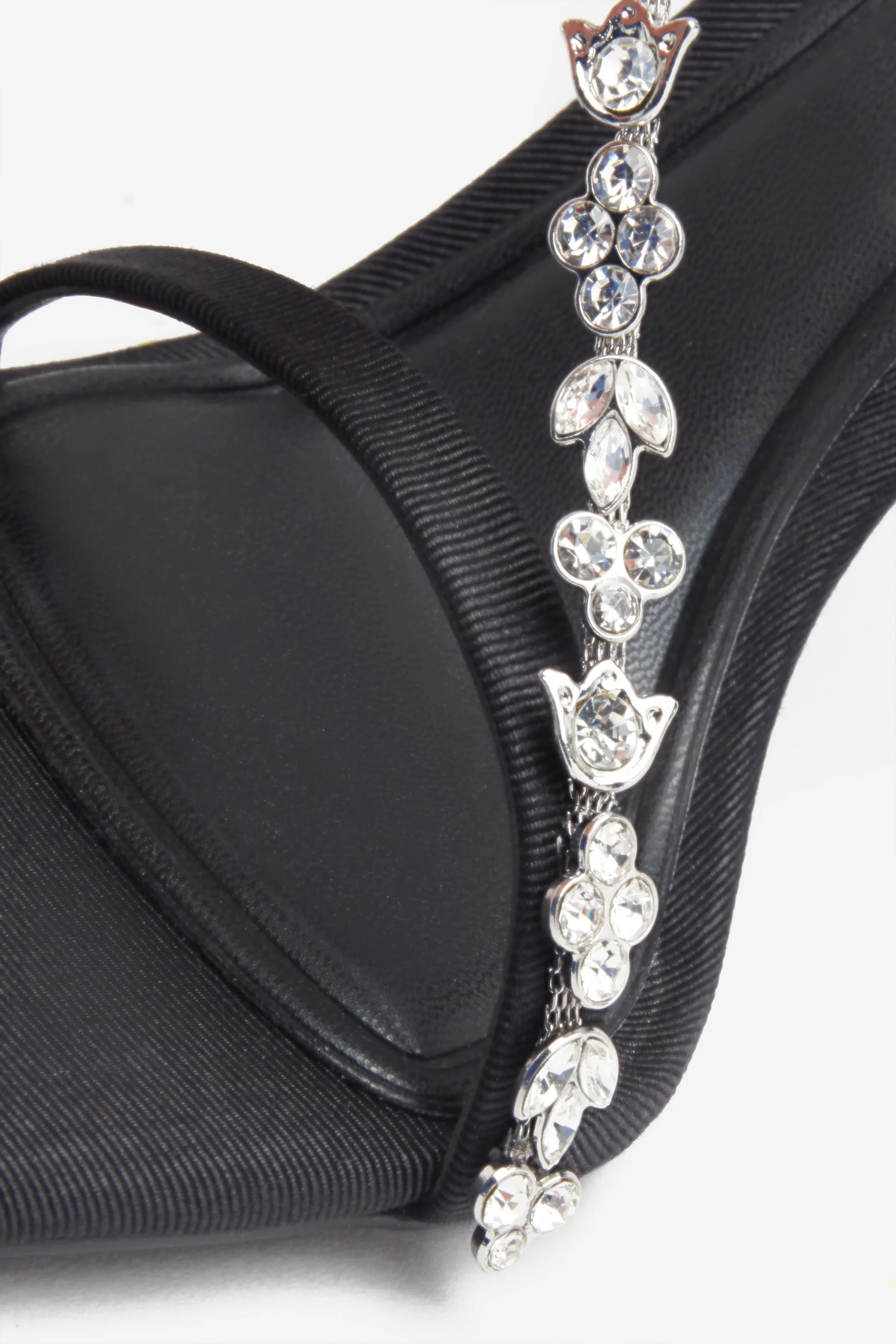 Black Strappy Heeled Sandals adorned with Diamante Chains