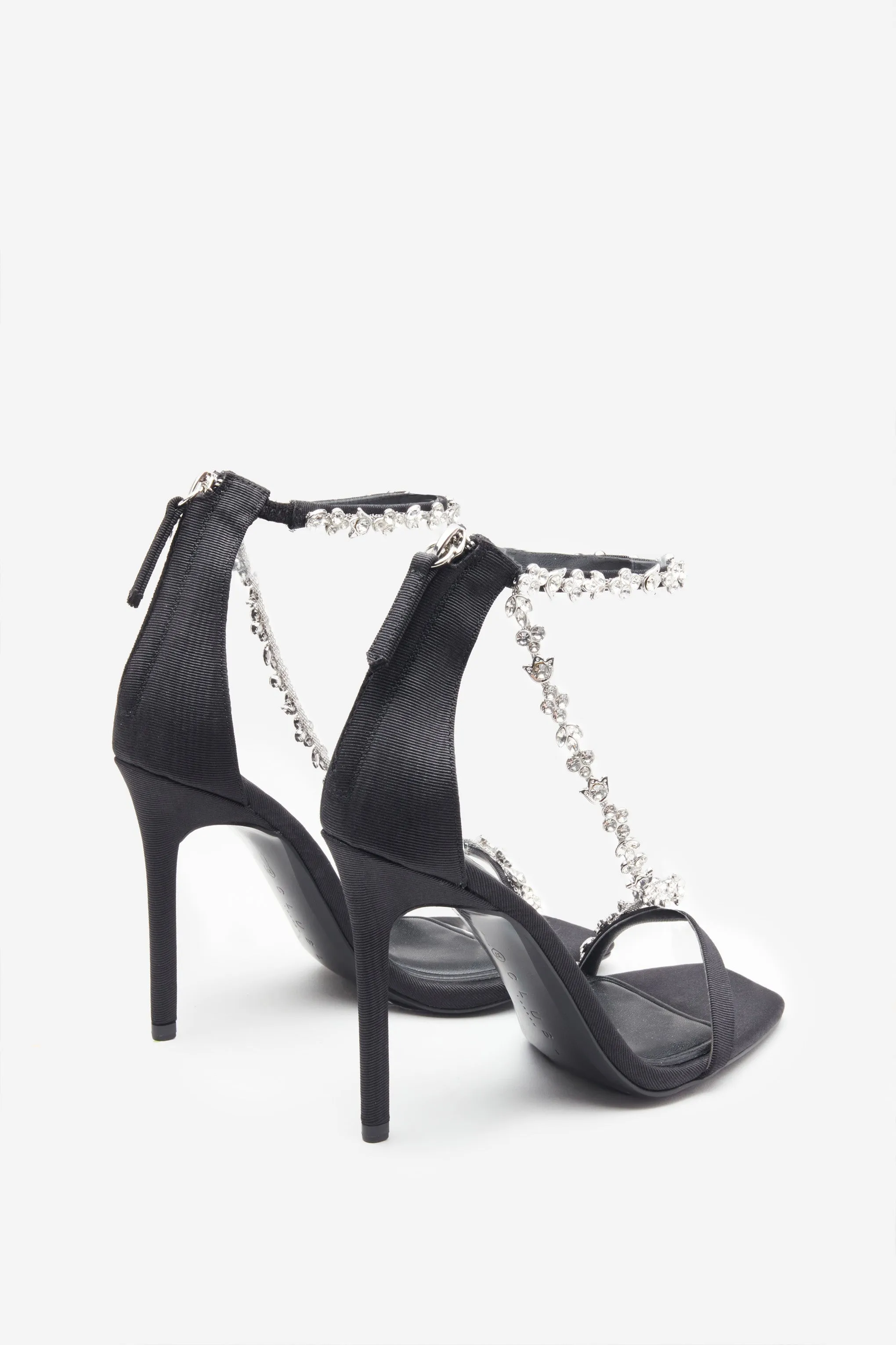 Black Strappy Heeled Sandals adorned with Diamante Chains