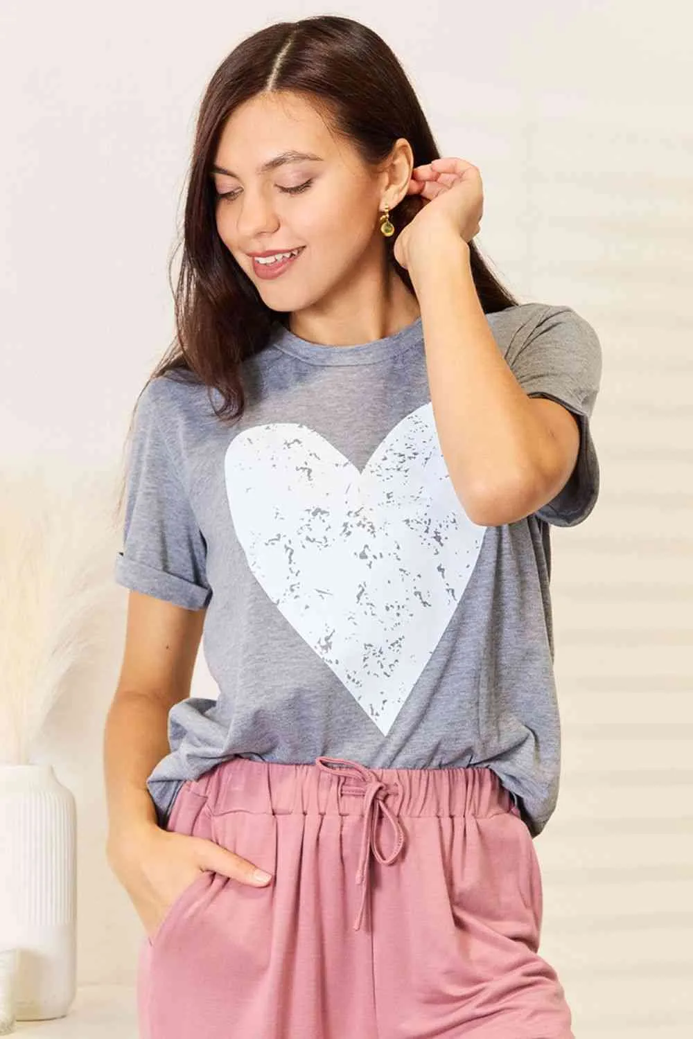 Short Sleeve Tee with Love Heart Graphic and Cuffed Sleeves