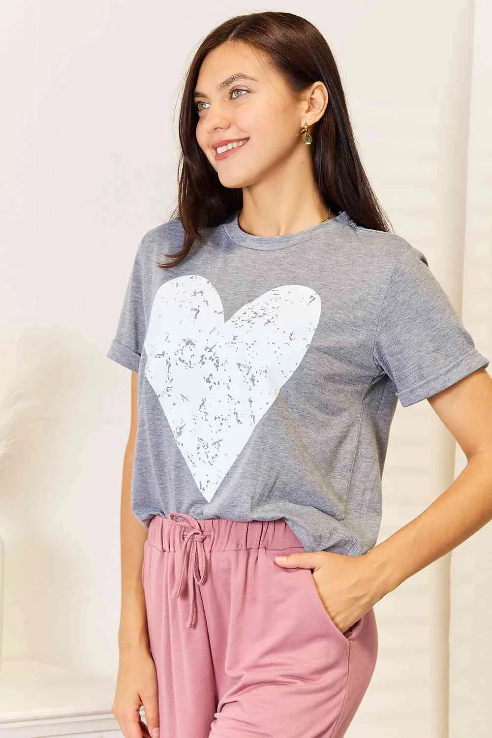 Short Sleeve Tee with Love Heart Graphic and Cuffed Sleeves