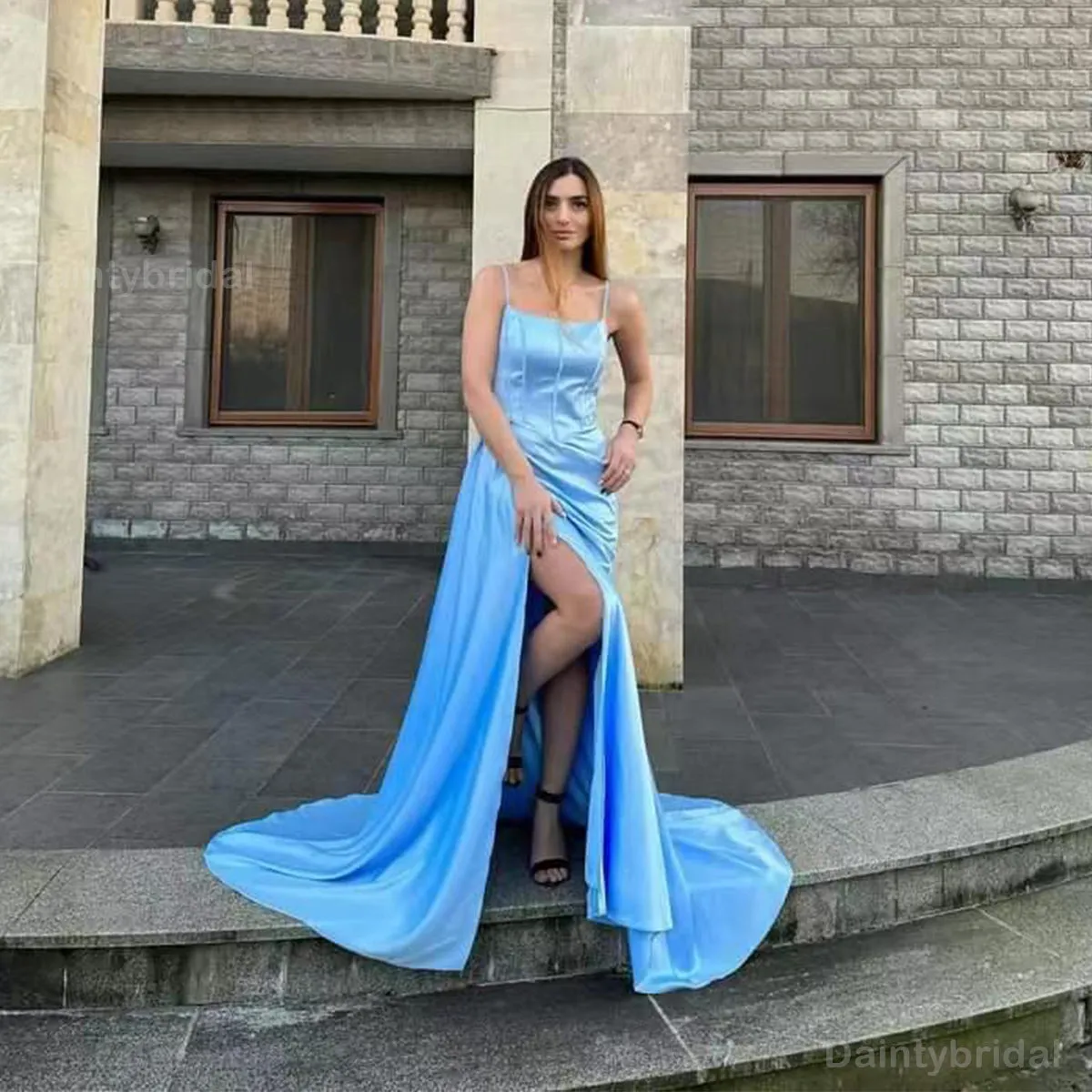 BG756 Elegant Sky Blue Spaghetti Straps Mermaid Satin Bridesmaid Dress with Side Slit