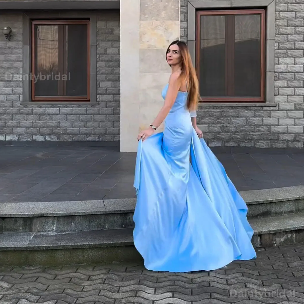 BG756 Elegant Sky Blue Spaghetti Straps Mermaid Satin Bridesmaid Dress with Side Slit