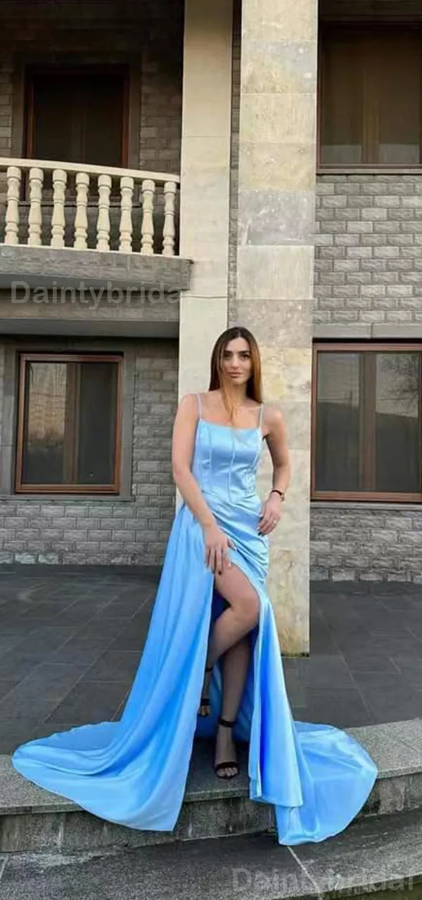 BG756 Elegant Sky Blue Spaghetti Straps Mermaid Satin Bridesmaid Dress with Side Slit