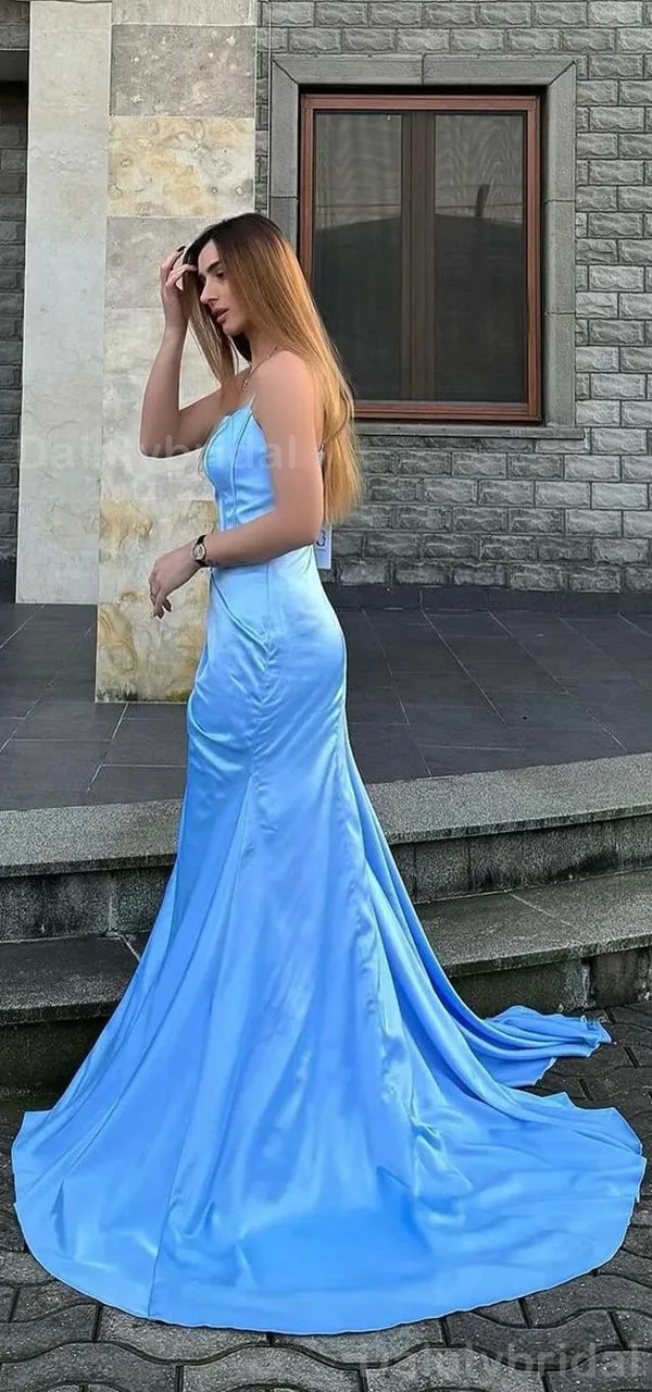 BG756 Elegant Sky Blue Spaghetti Straps Mermaid Satin Bridesmaid Dress with Side Slit