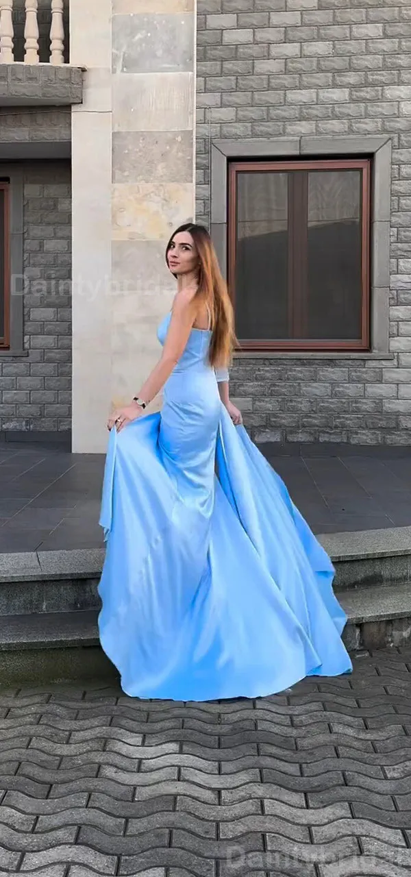 BG756 Elegant Sky Blue Spaghetti Straps Mermaid Satin Bridesmaid Dress with Side Slit