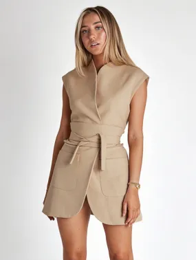 Sleeveless Blazer Mini Dress with Belted Pockets