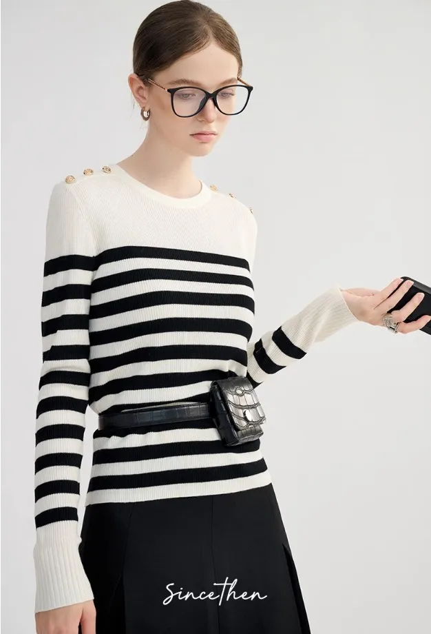 Since Then Women's Striped Wool Long Sleeve Top - U-Neck, V-neck & Crew Neck Options