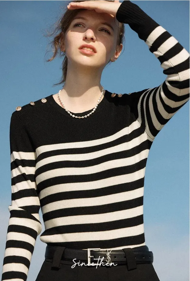 Since Then Women's Striped Wool Long Sleeve Top - U-Neck, V-neck & Crew Neck Options