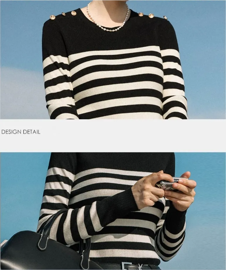 Since Then Women's Striped Wool Long Sleeve Top - U-Neck, V-neck & Crew Neck Options