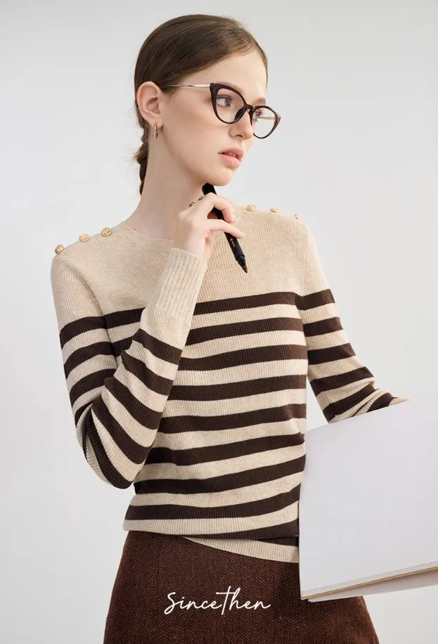 Since Then Women's Striped Wool Long Sleeve Top - U-Neck, V-neck & Crew Neck Options