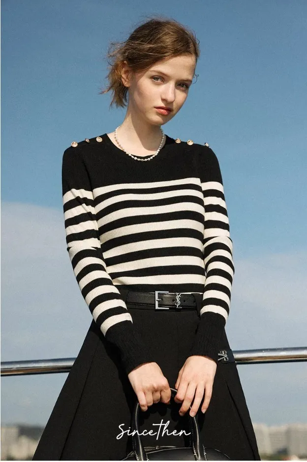 Since Then Women's Striped Wool Long Sleeve Top - U-Neck, V-neck & Crew Neck Options