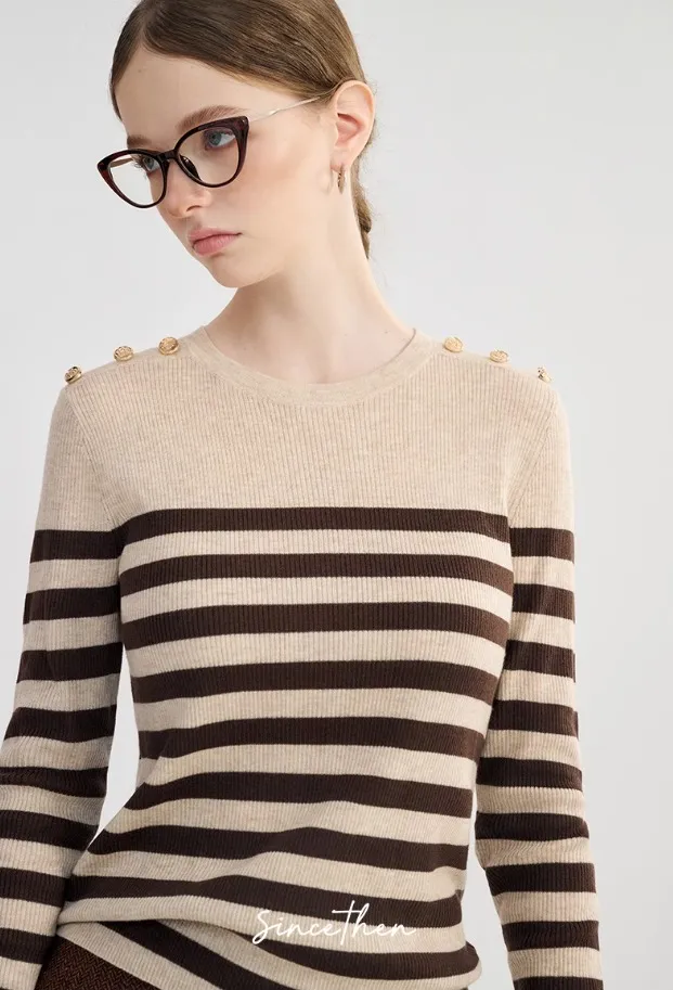 Since Then Women's Striped Wool Long Sleeve Top - U-Neck, V-neck & Crew Neck Options