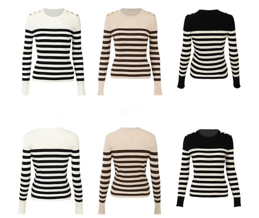 Since Then Women's Striped Wool Long Sleeve Top - U-Neck, V-neck & Crew Neck Options