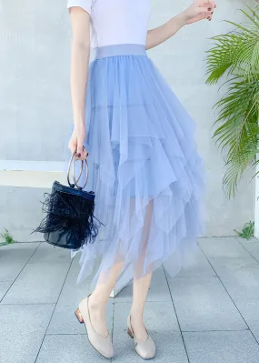 Light Blue Asymmetrical Elastic Waist Tulle Skirts for Summer