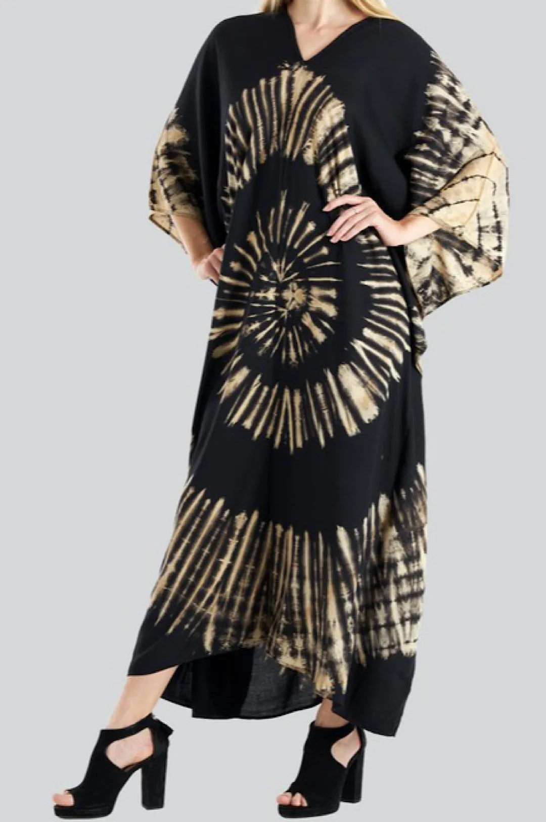 Kaftan Dress Black Beige Tie Dye