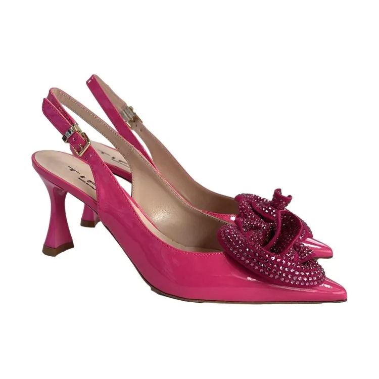 Fuxia Sling Back Decollete with Medium Heel and Rhinestone Flower by Tiffi