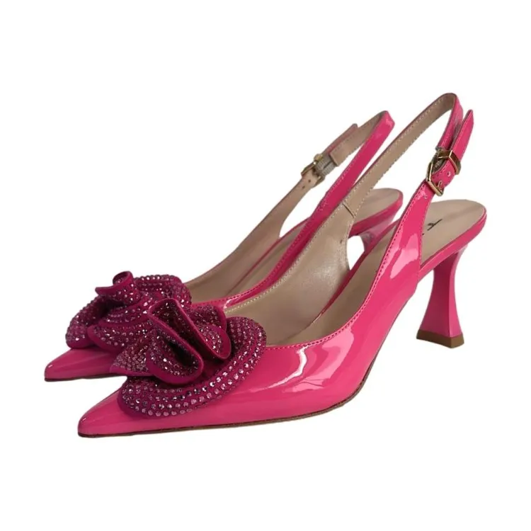 Fuxia Sling Back Decollete with Medium Heel and Rhinestone Flower by Tiffi