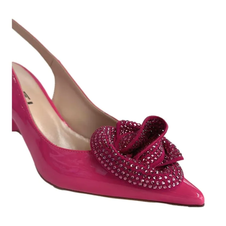 Fuxia Sling Back Decollete with Medium Heel and Rhinestone Flower by Tiffi