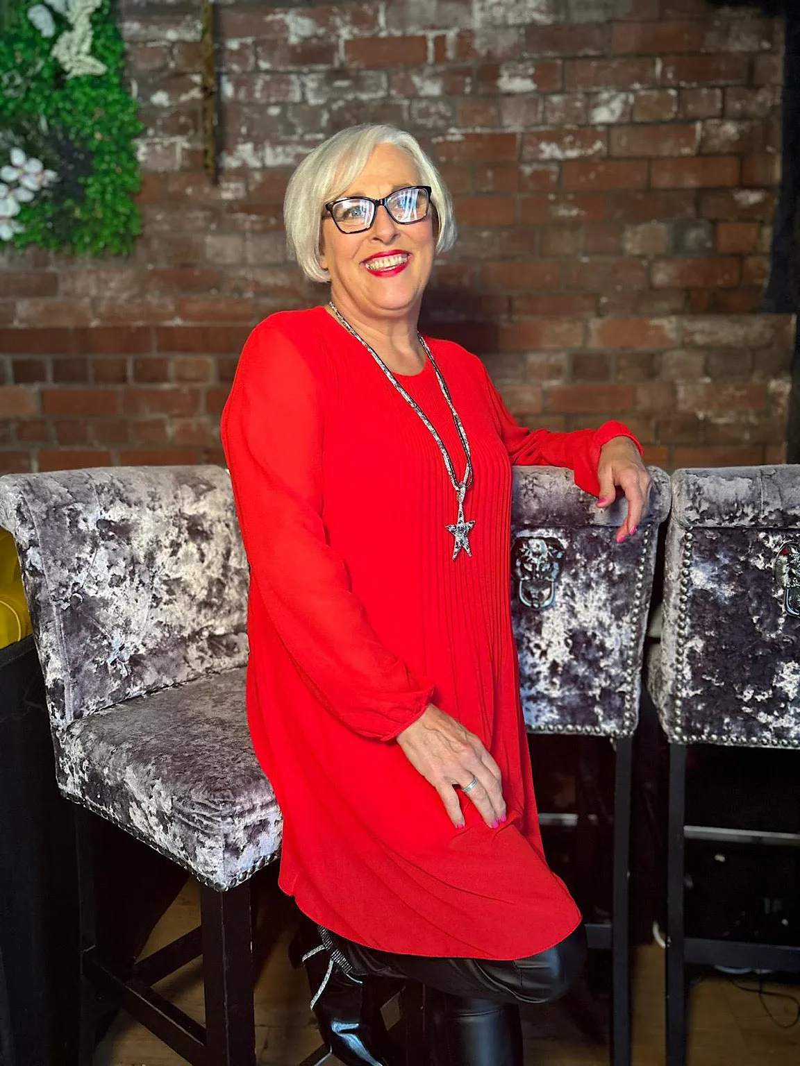 Red Chiffon Tunic with Pleats in Bailey