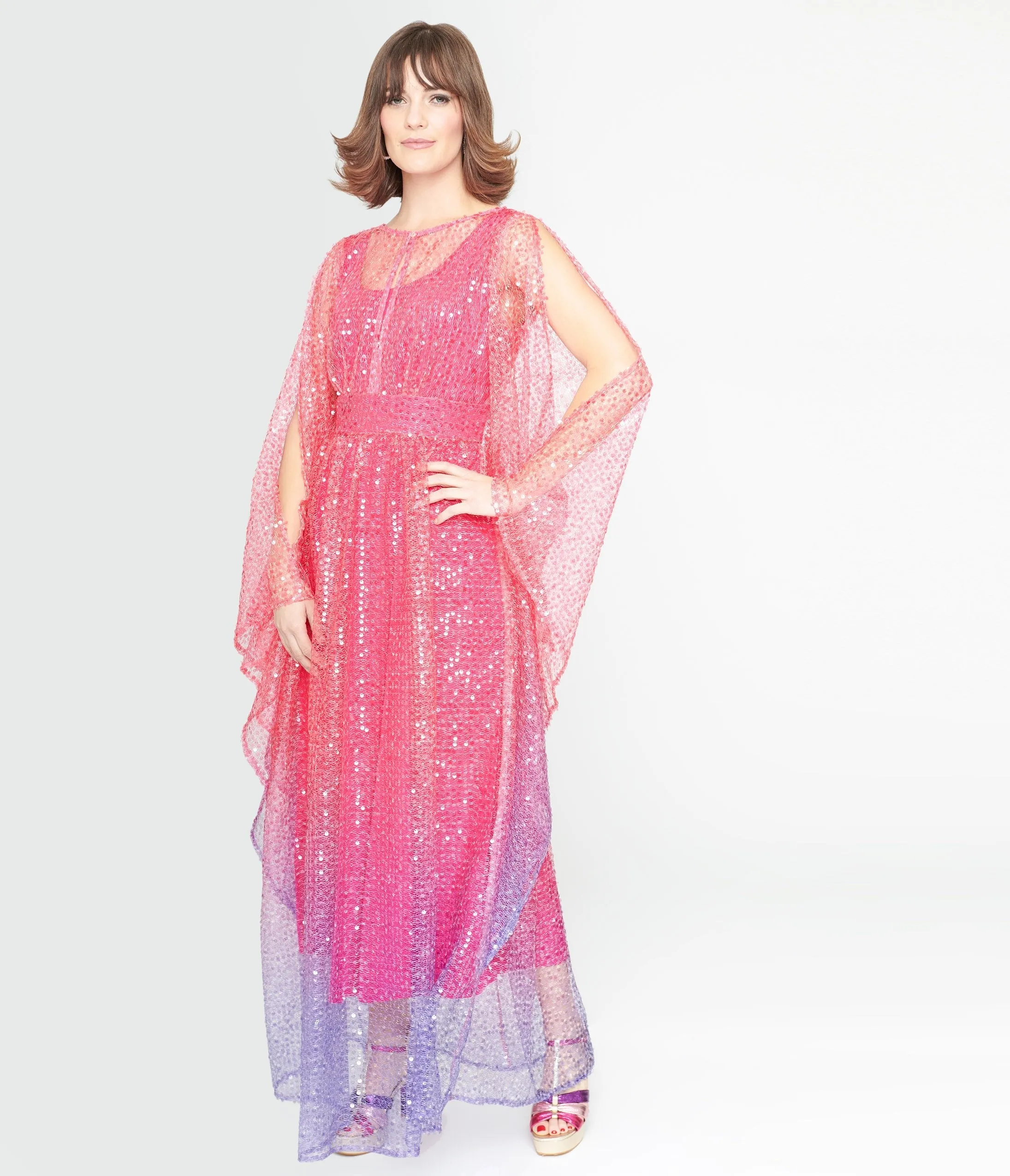 Sequin Flutter Sleeve Caftan in Sheer Pink & Purple Ombre Vintage 1970s