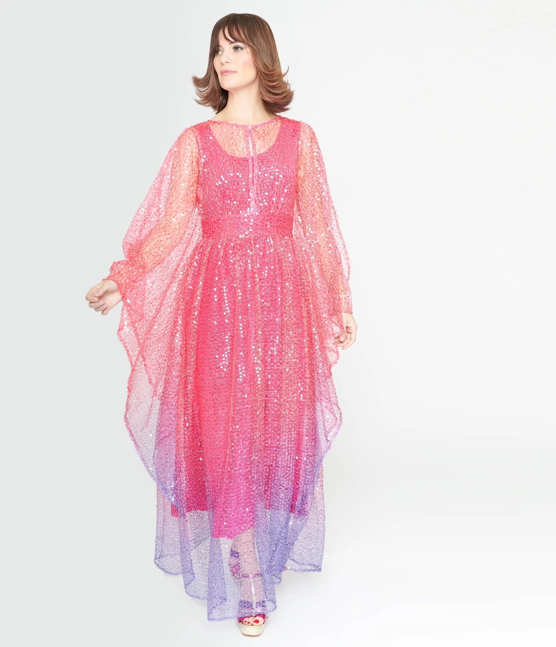 Sequin Flutter Sleeve Caftan in Sheer Pink & Purple Ombre Vintage 1970s