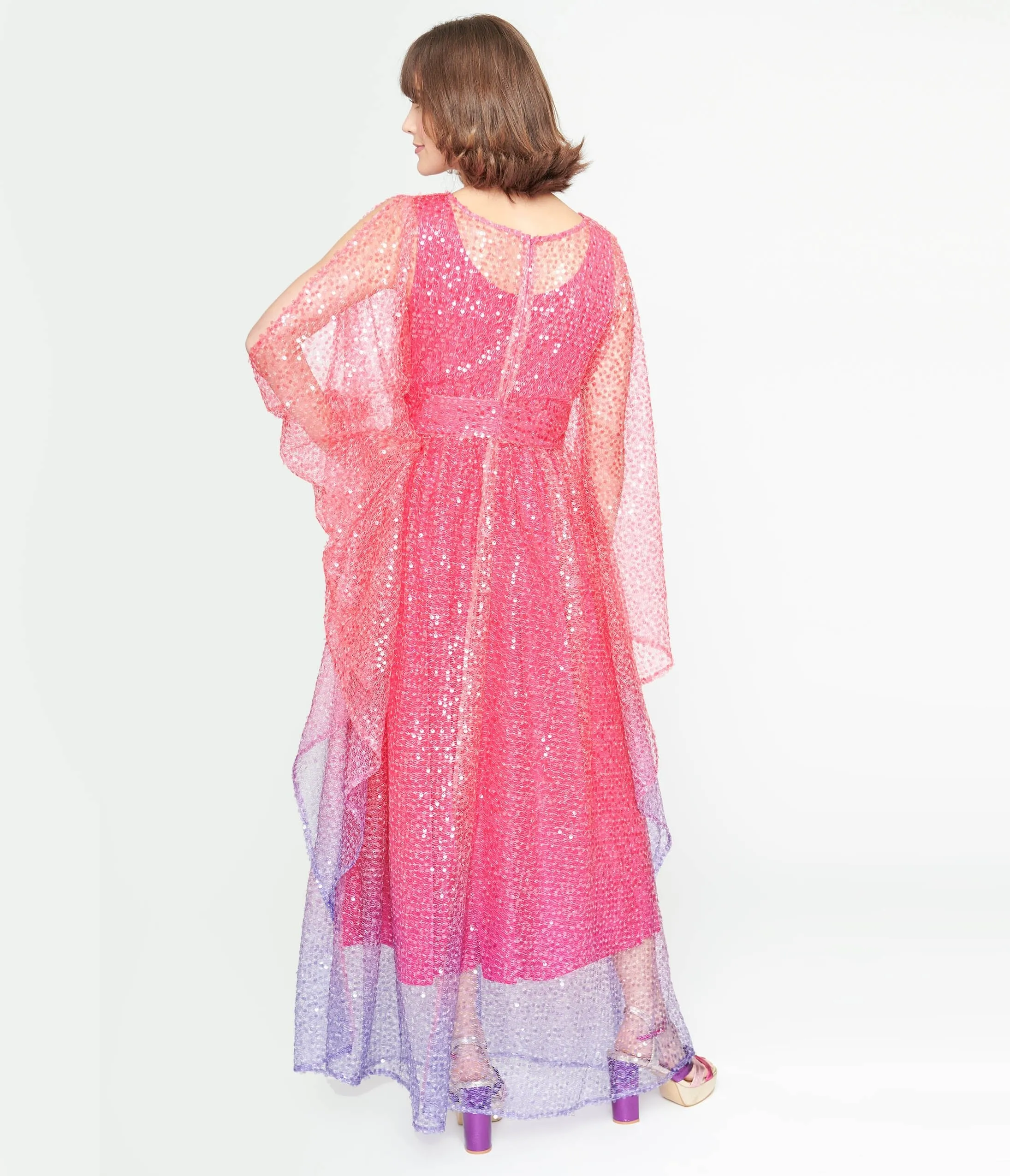 Sequin Flutter Sleeve Caftan in Sheer Pink & Purple Ombre Vintage 1970s