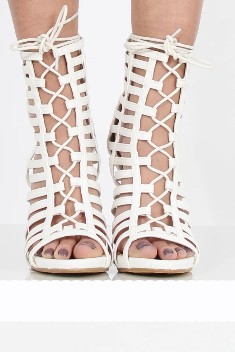 Jane White Cage Lace Up Heels