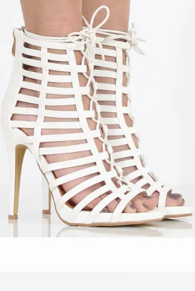 Jane White Cage Lace Up Heels