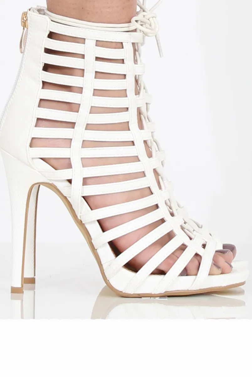 Jane White Cage Lace Up Heels