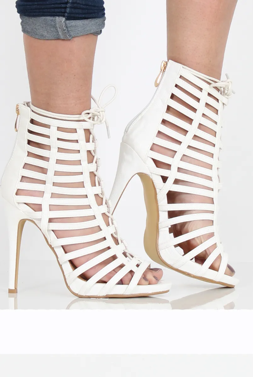 Jane White Cage Lace Up Heels