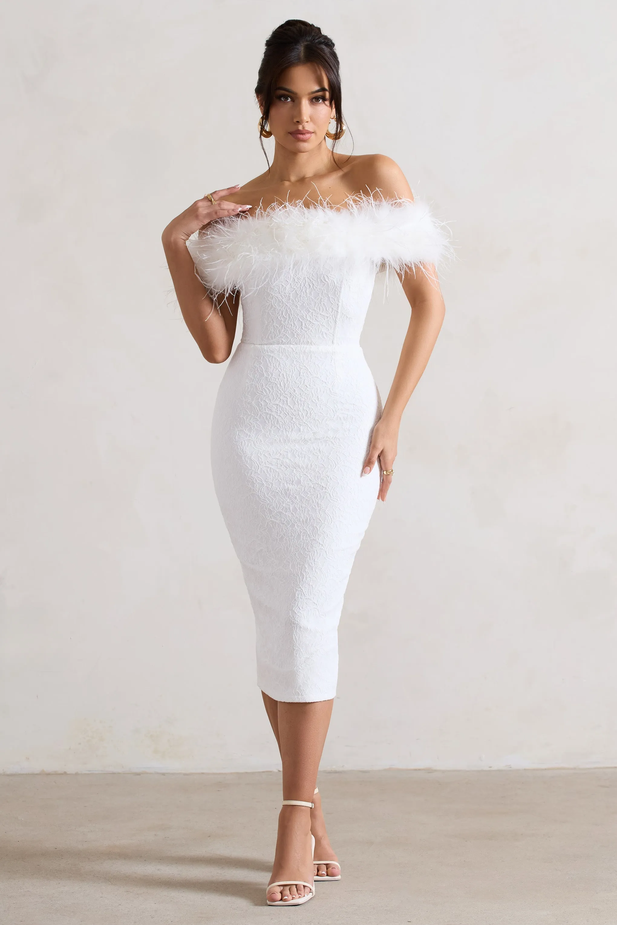 Maiden White Lace Bardot Midi Dress With Feather Trim