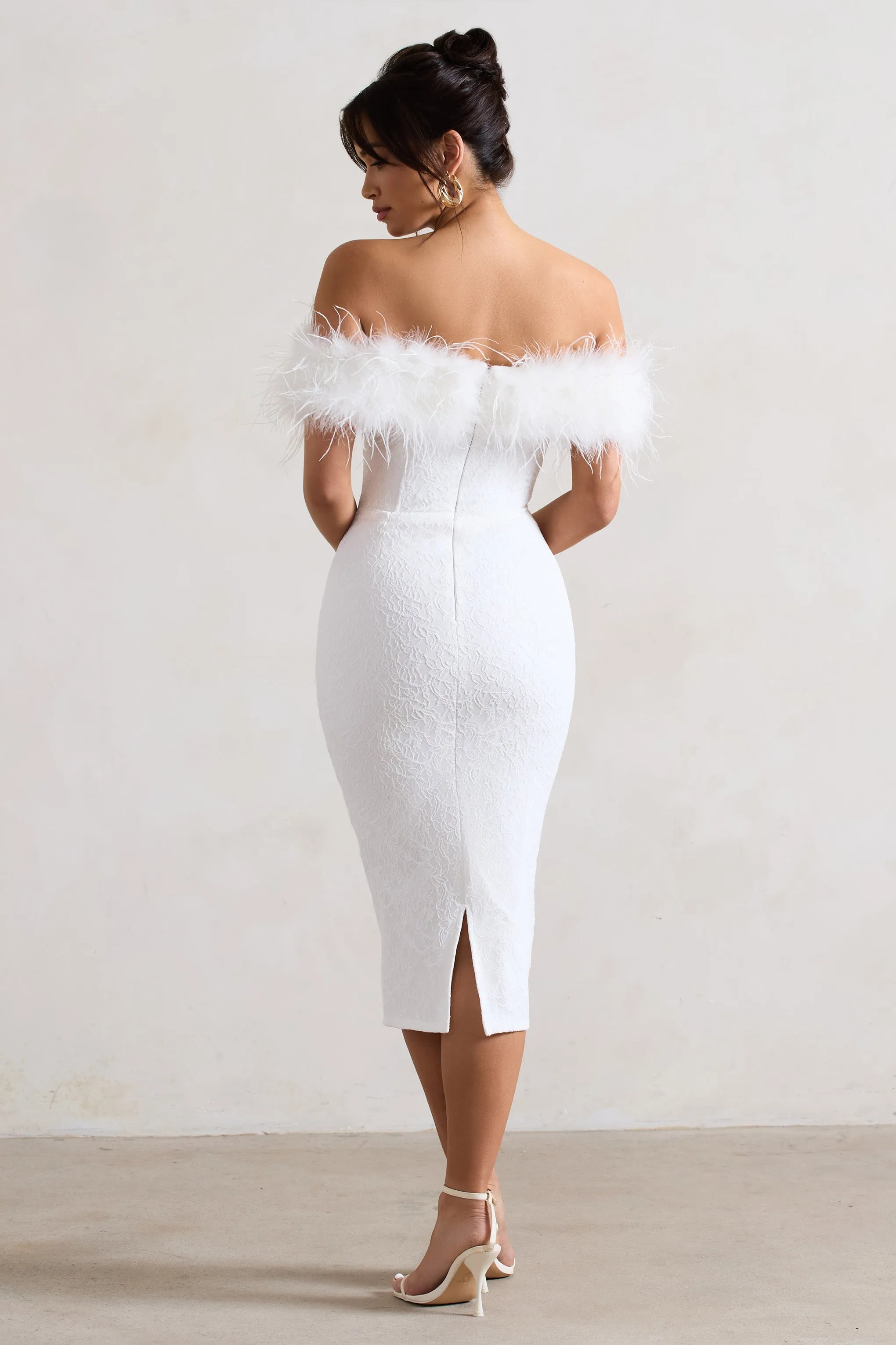 Maiden White Lace Bardot Midi Dress With Feather Trim