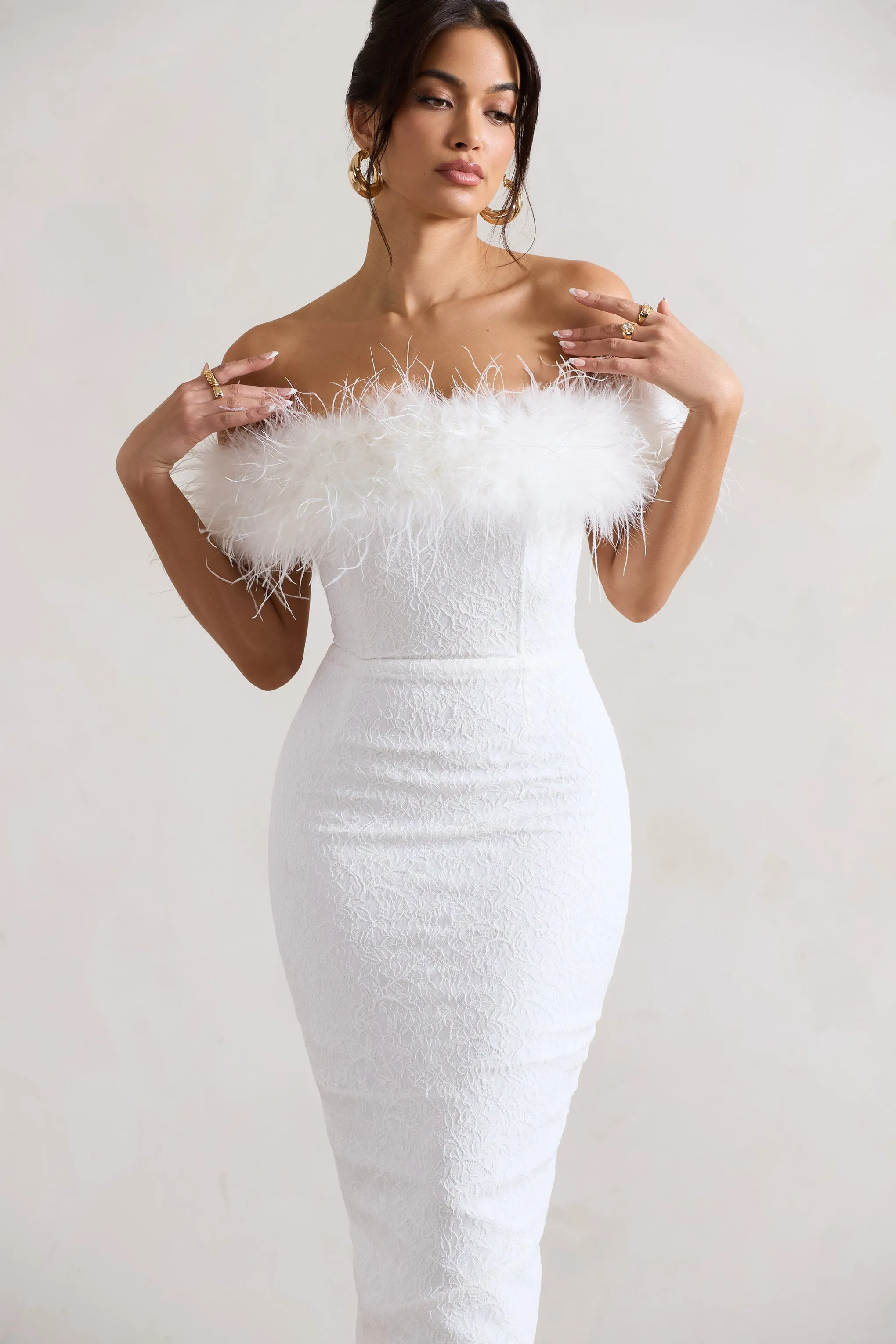 Maiden White Lace Bardot Midi Dress With Feather Trim