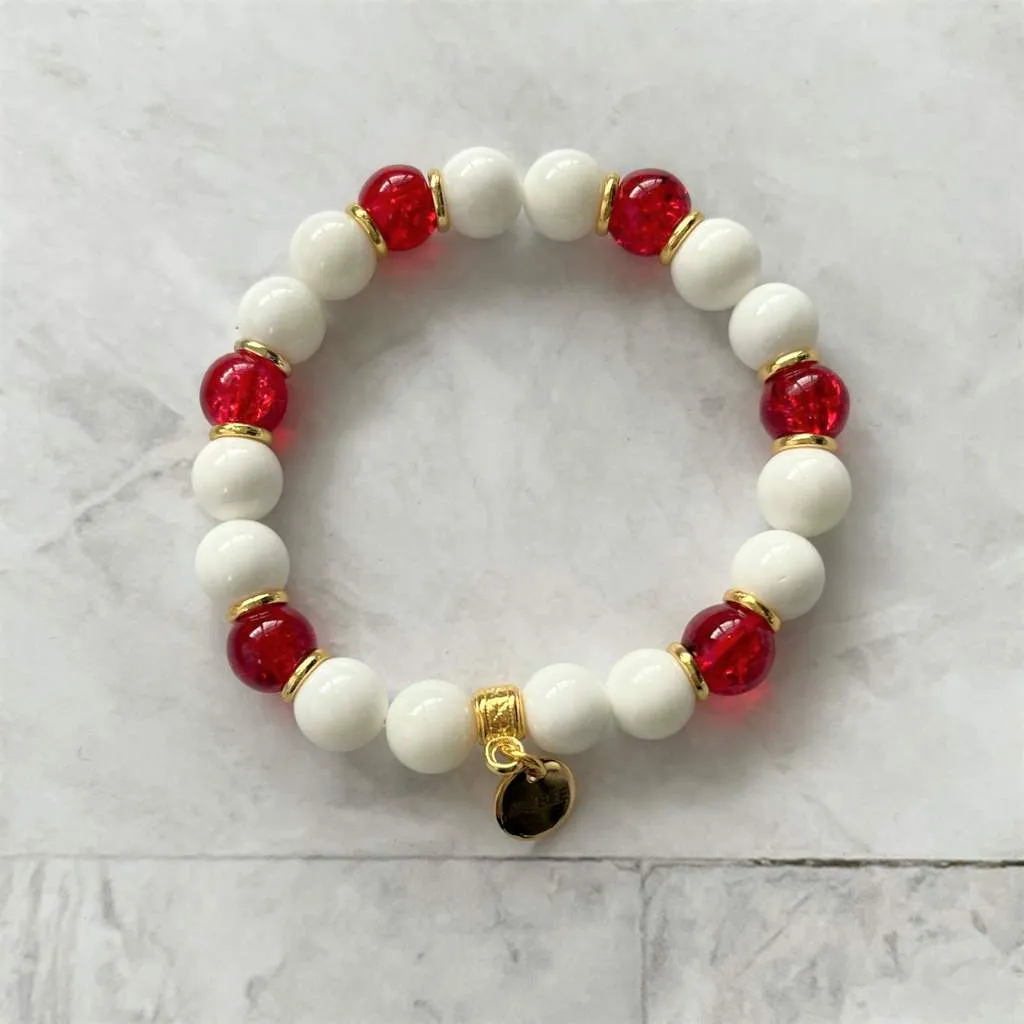 Elegant White Shell and Red Glass Bracelet